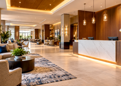 Luxury hotel lobby featuring premium tile flooring, decorative wood wall panels, custom reception cabinetry, and refined interior finishes.